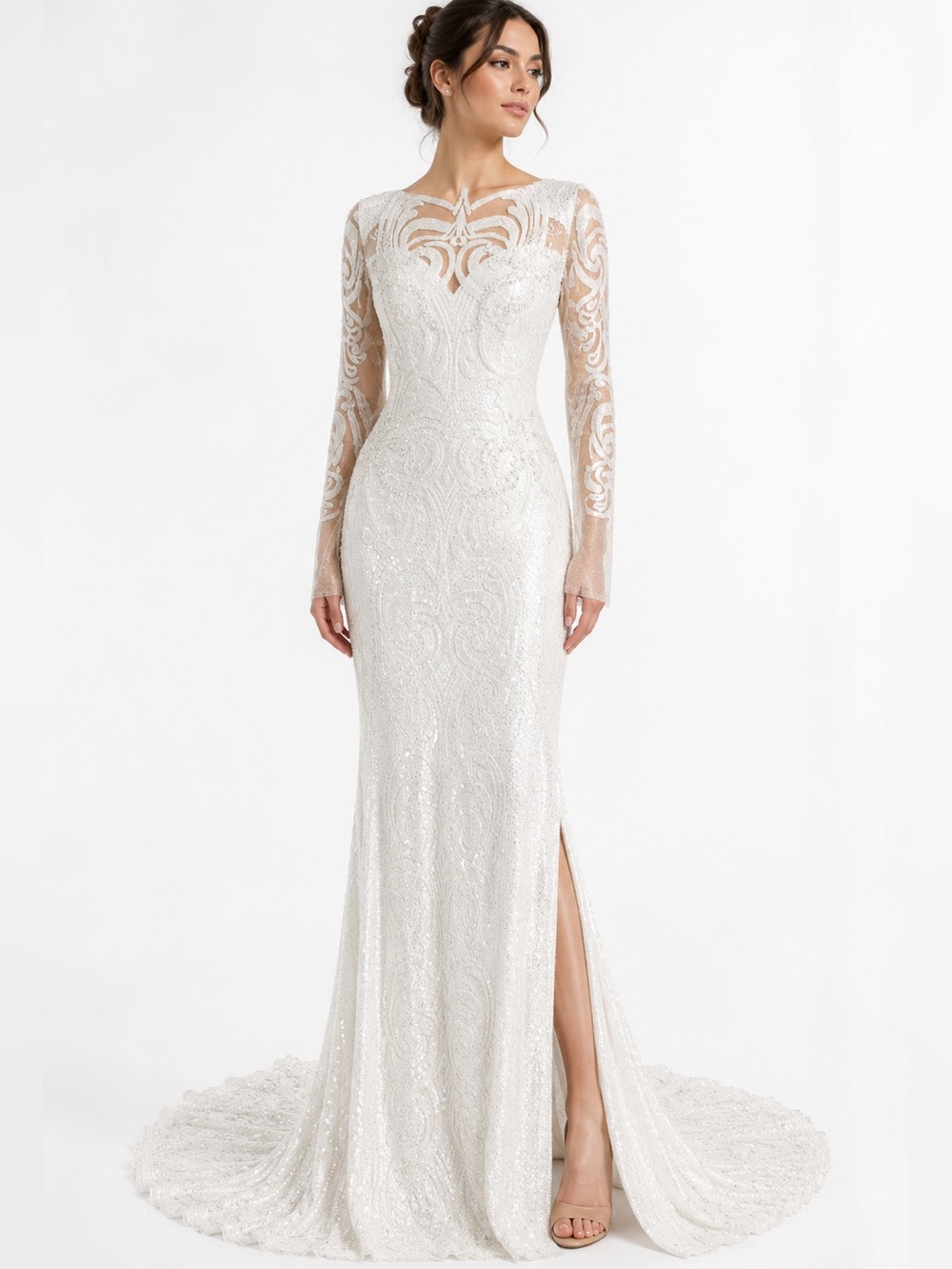 Lucia’s Sarto Sequin Lace Bridal Gown Beaded Long Sleeve tall small